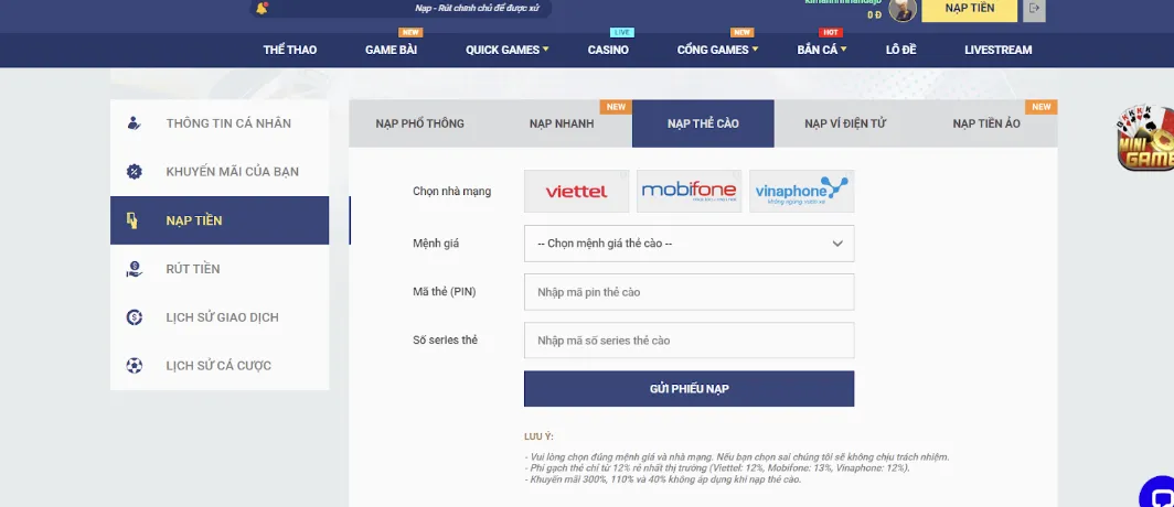 Nạp qua thẻ cào di động