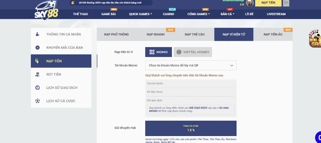 Nạp qua ví điện tử Momo