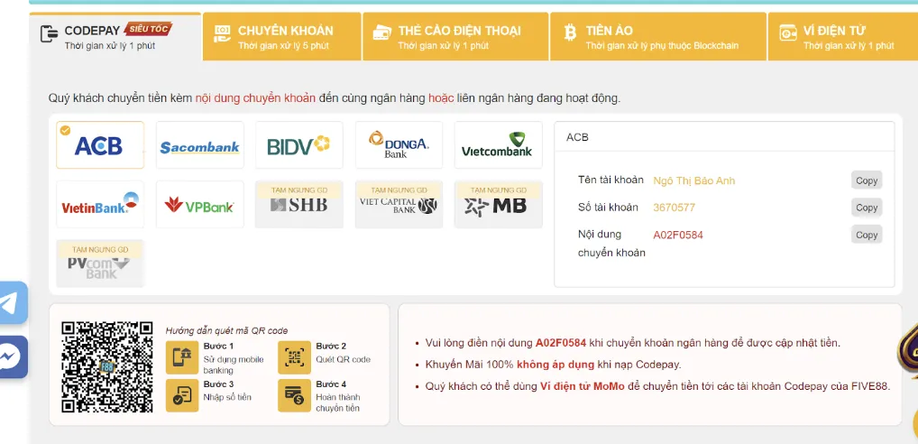 Những phương thức nạp tiền tiêu biểu tại Five88