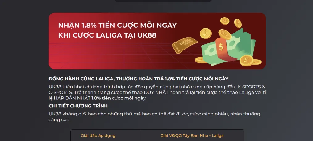 Ưu đãi nhận 1,8% hoàn trả khi cược Laliga
